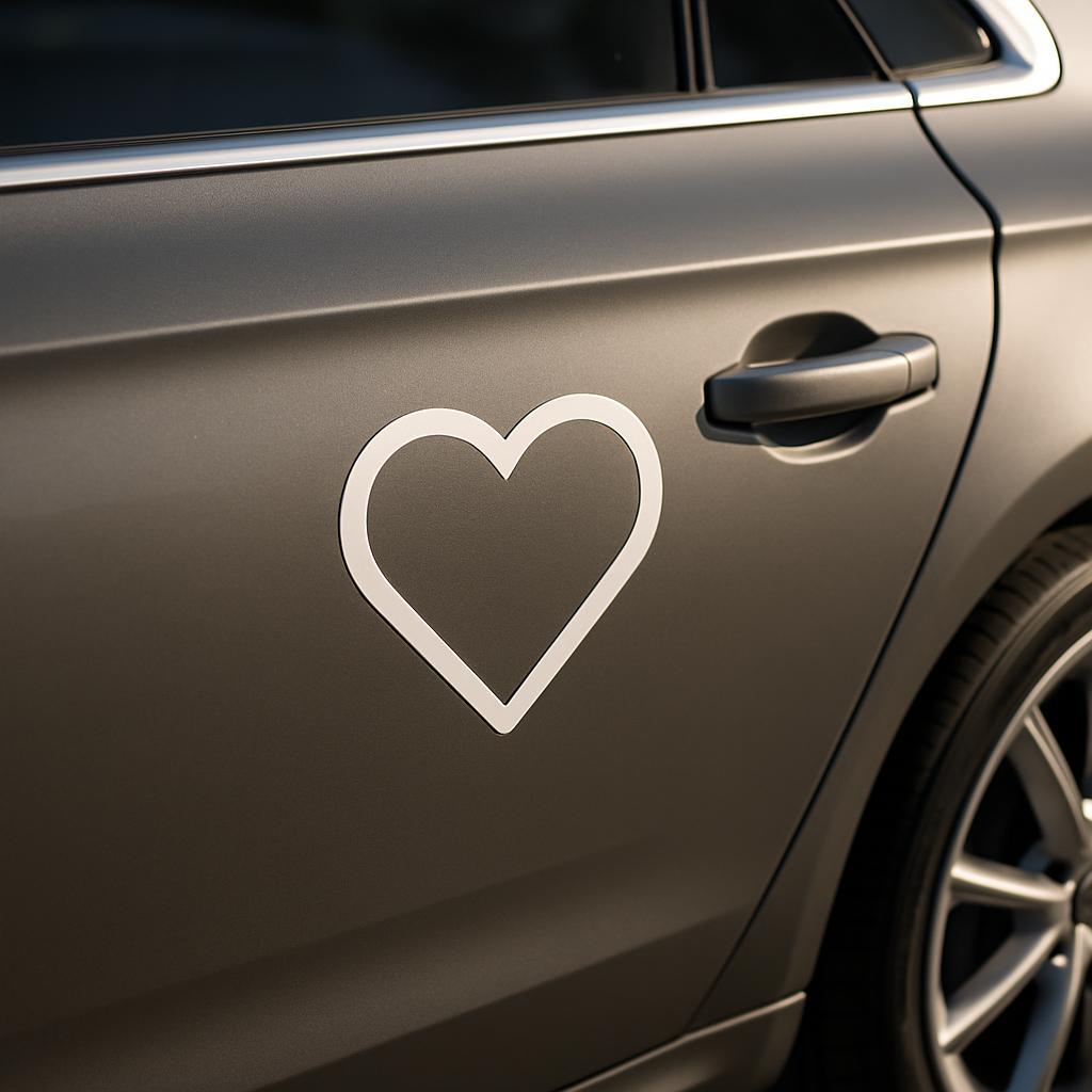 "A white displayed outline of a large heart on the rear driver's side door of a silver luxury car."
