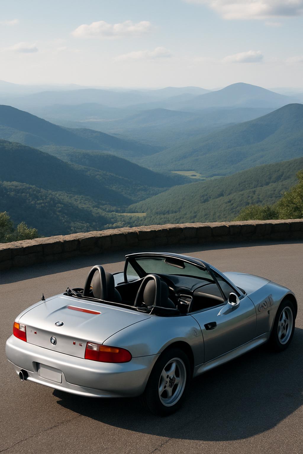 A silver BMW Z3 roadster overlooks rolling hills in the distance.