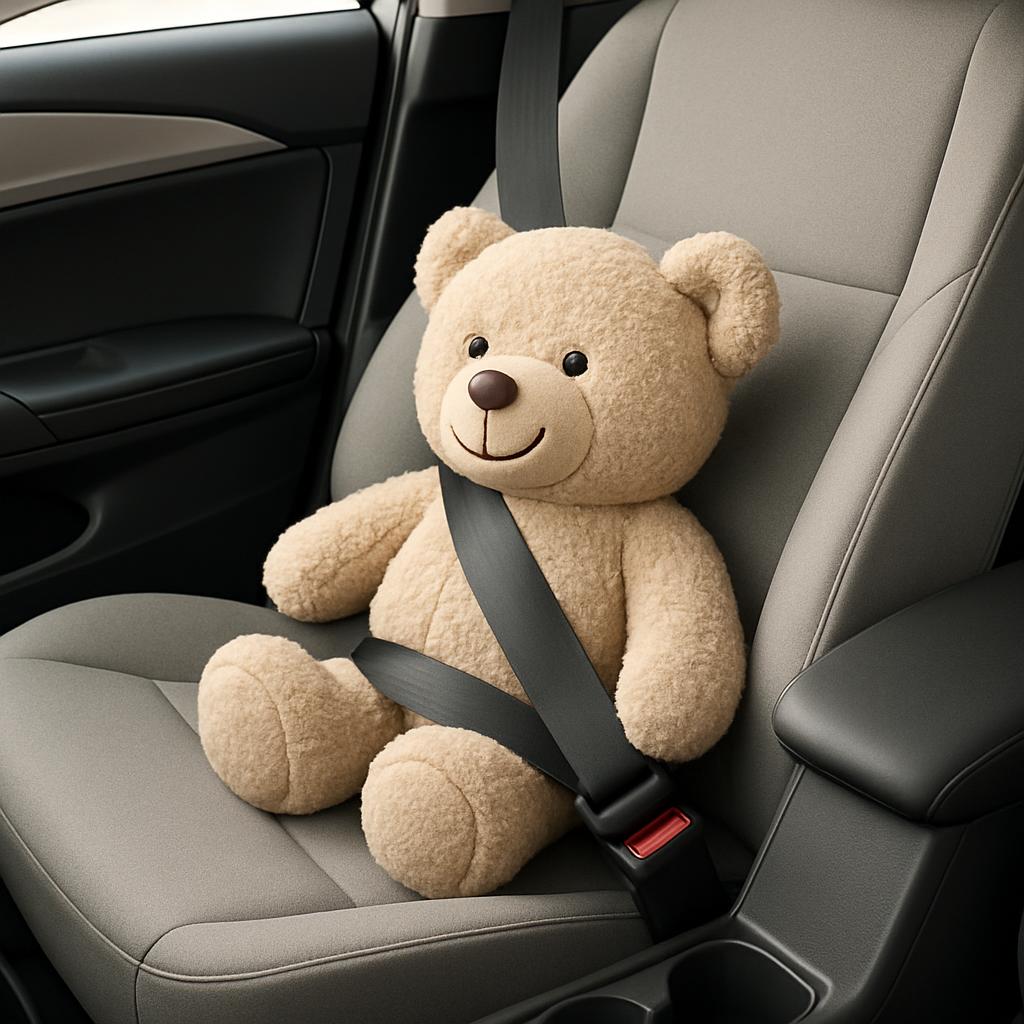 A smiling beige teddy bear wearing a plain black seatbelt, sitting comfortably in a grey car seat. The image showcases the...