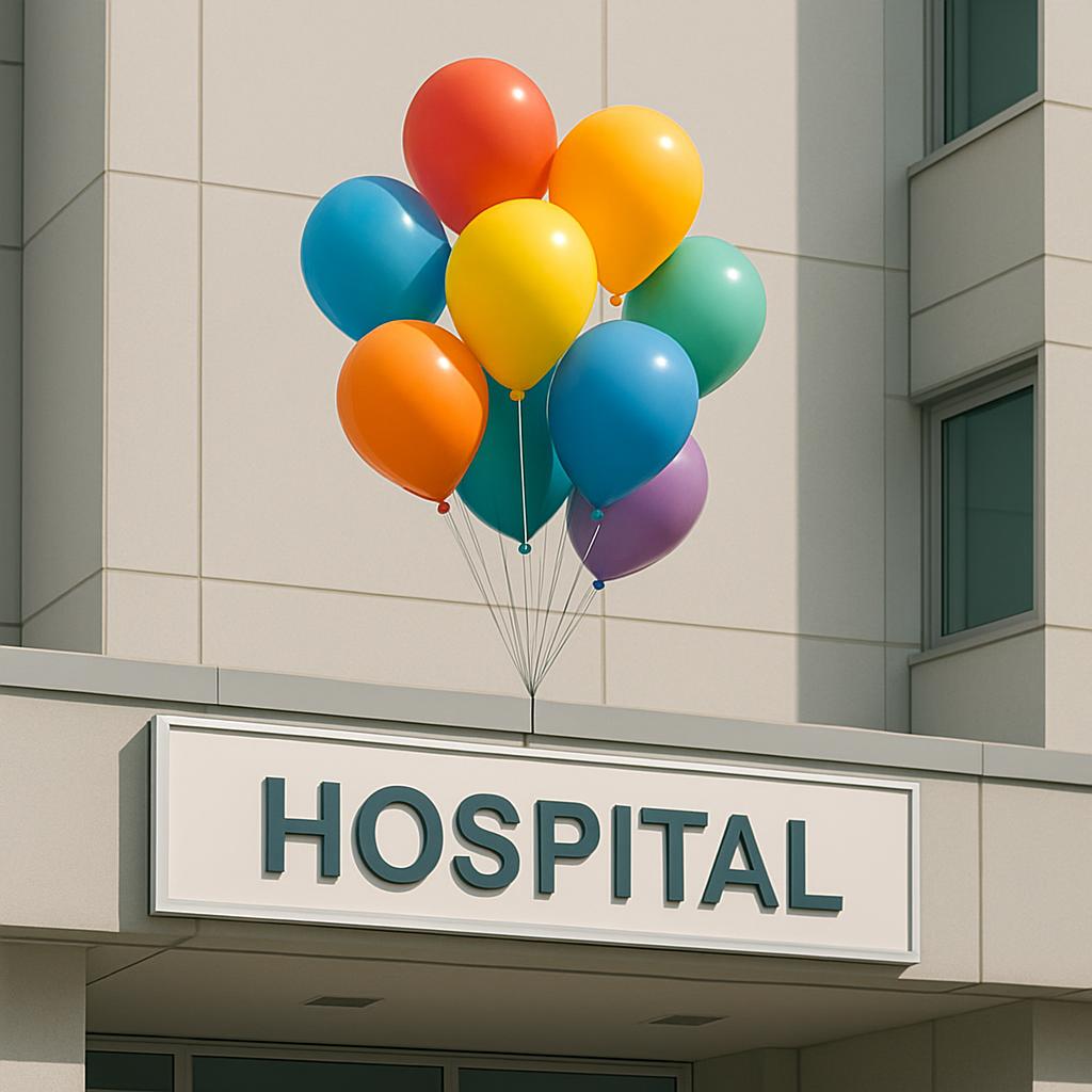 A group of brightly colored balloons tied together, floating in front of a hospital building.