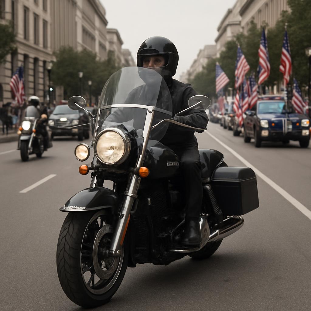 An image showcasing a police officer on a motorcycle in the middle of a city street, surrounded by American flags, evoking...
