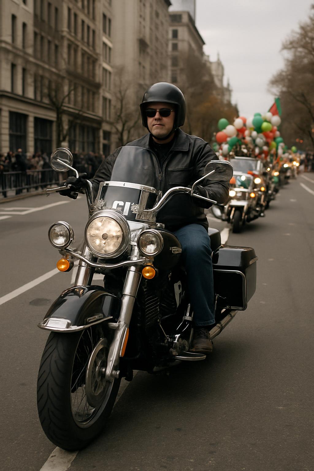 A man rides a black Harley-Davidson motorcycle through a city street during a parade, with the background of the tops of b...