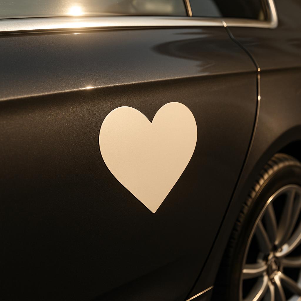 The car depicted in the image features a beige heart sticker.