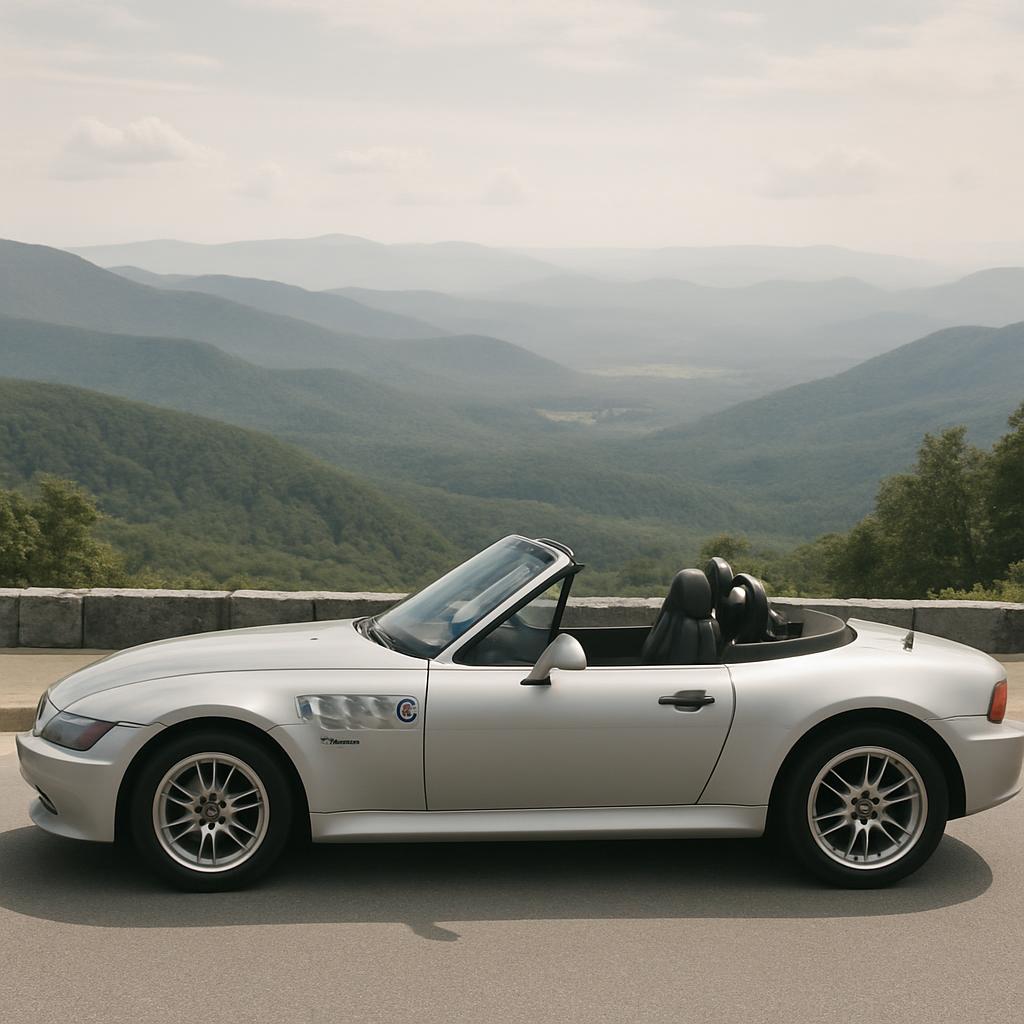Soft Focus image of a BMW Z4 and Foggy Mountain Background.