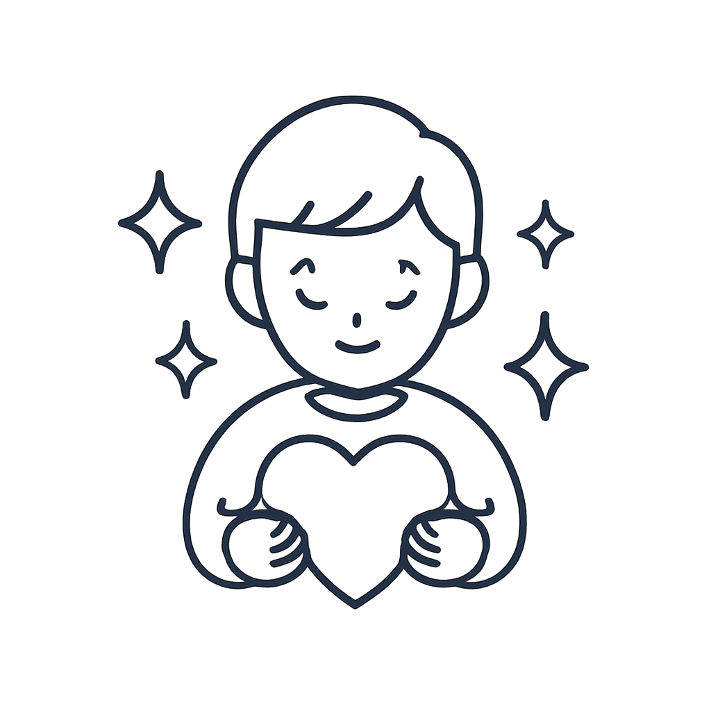 A cartoon drawing of a head and chest of a young smiling boy with a large heart above his chest. Sparkles emanating from t...